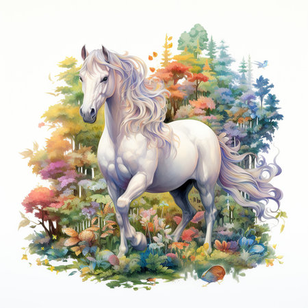 White horse in the forest. Watercolor painting. Vector illustration.の素材
