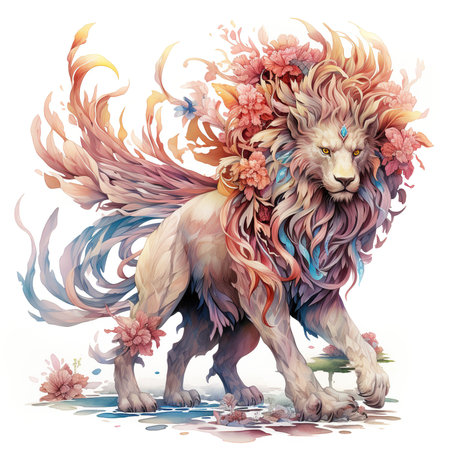 Lion with flowers. Watercolor illustration isolated on white background.の素材
