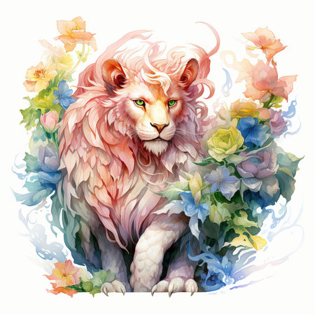 Lion with flowers. Watercolor illustration on a white background.の素材