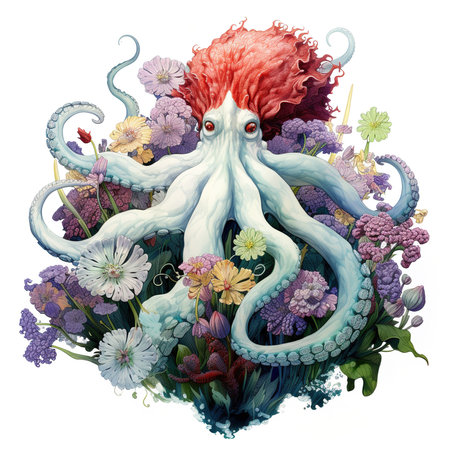 Illustration of an octopus surrounded by flowers on a white backgroundの素材