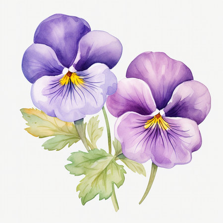 Violet pansy flowers on white background. Watercolor illustration.の素材