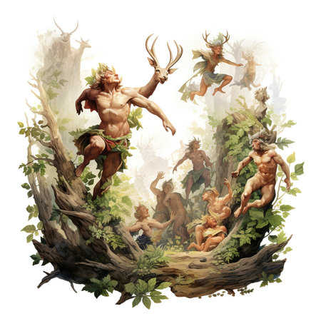 cartoon scene with caveman and elfs, illustration for childrenの素材