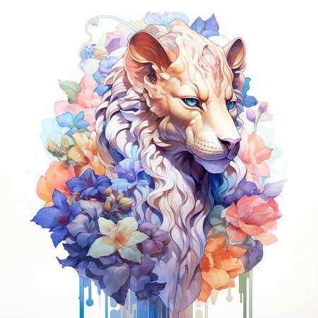 Lion with flowers on a white background. Watercolor illustration.の素材