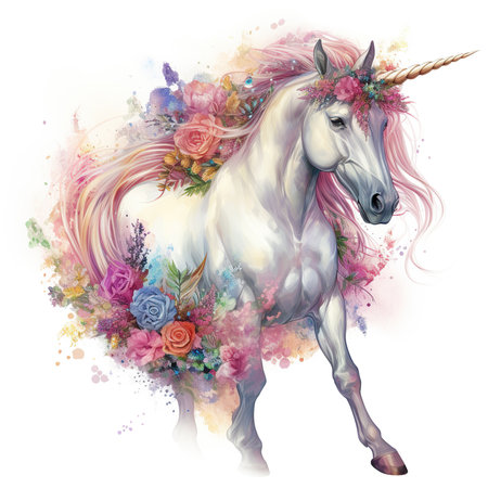 Watercolor unicorn with flowers on white background. Hand drawn illustration.の素材