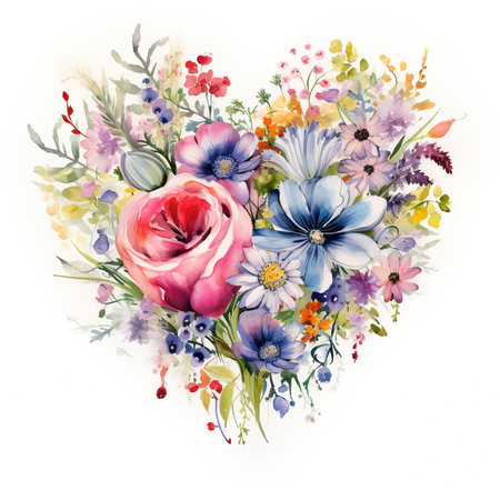 Watercolor bouquet of flowers in the shape of a heart on white backgroundの素材