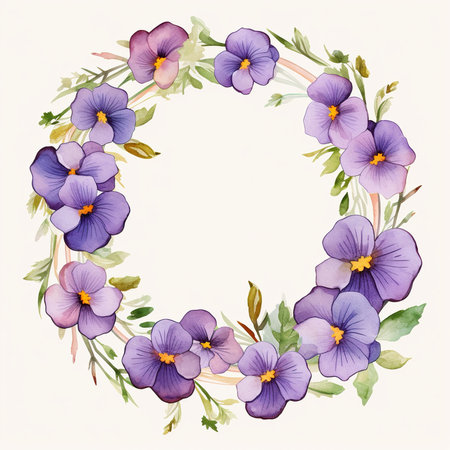 Watercolor floral wreath with pansy flowers. Hand drawn illustration.の素材