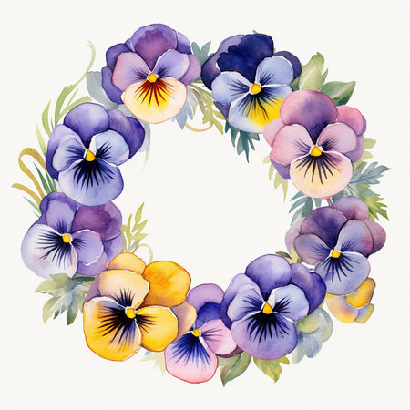 Watercolor floral wreath with pansy flowers on white background.の素材