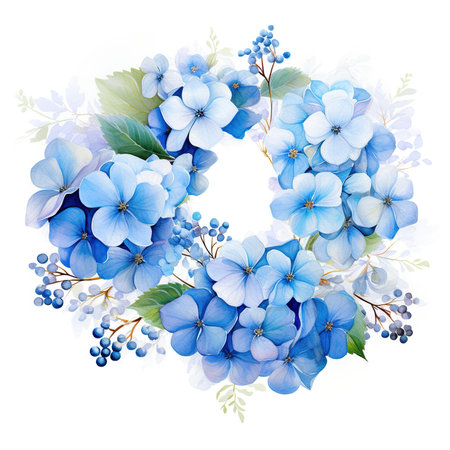 Blue hydrangea flower bouquet isolated on white background. Watercolor illustration.の素材