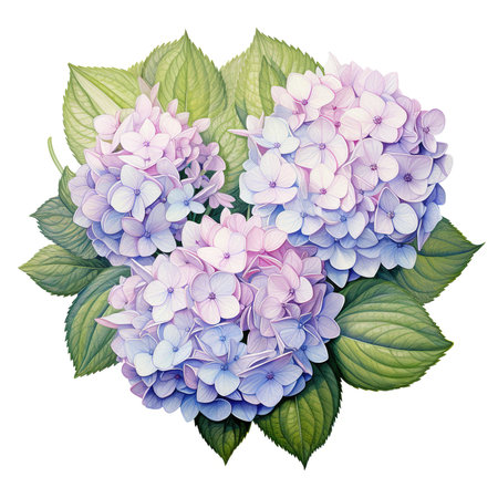 Watercolor hydrangea flowers with green leaves isolated on white backgroundの素材