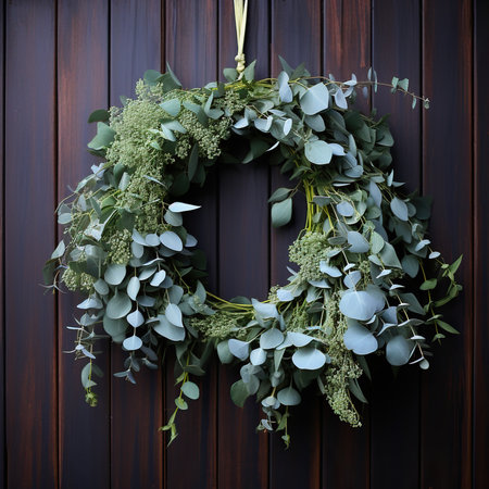 Wreath of eucalyptus branches on dark wooden backgroundの素材