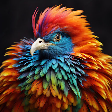 Portrait of a beautiful colorful bird, isolated on black background.の素材