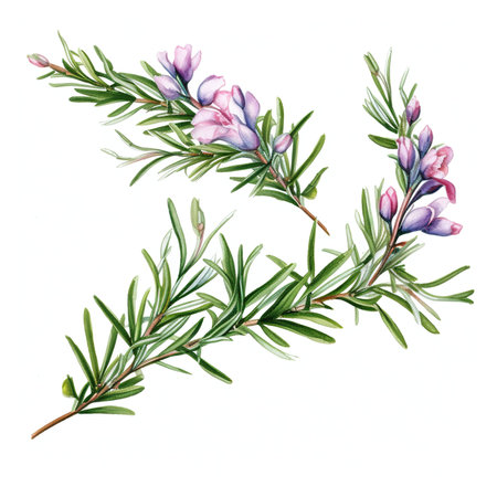 Watercolor rosemary branch with flowers. Hand drawn illustration isolated on white backgroundの素材