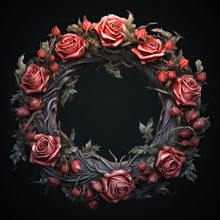 Wreath of red roses on a black background. 3d illustrationの素材