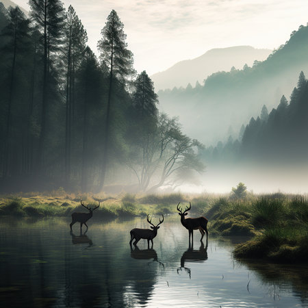 Deer in misty forest at sunrise with reflection in water.の素材