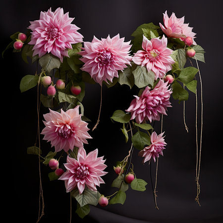 Beautiful pink dahlia flowers on black background. Floral composition.の素材