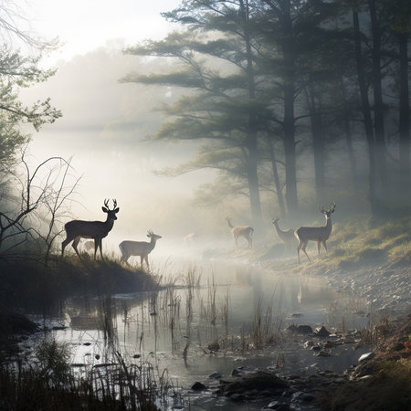 Deer in the misty forest at sunrise. Fall season.の素材