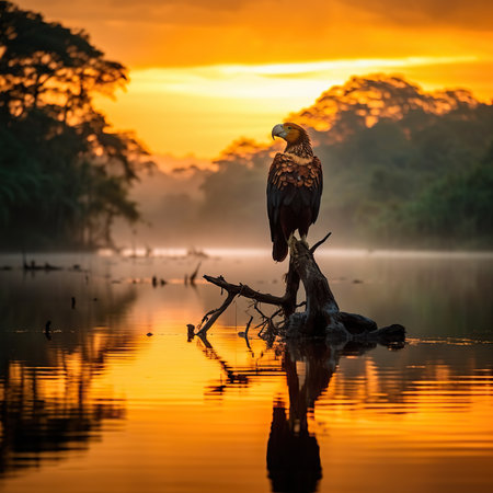 Bald Eagle (Haliaeetus leucocephalus) sitting on a dead tree with reflection in a lake at sunrise, South Africaの素材