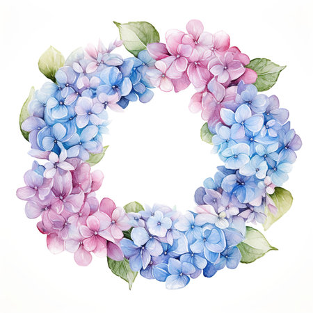 Watercolor floral wreath with hydrangea flowers on white backgroundの素材
