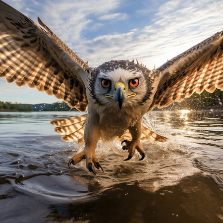 Owl in the water at sunset. Wildlife scene from nature.の素材