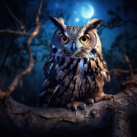 Beautiful owl sitting on a tree branch in the night forest.の素材