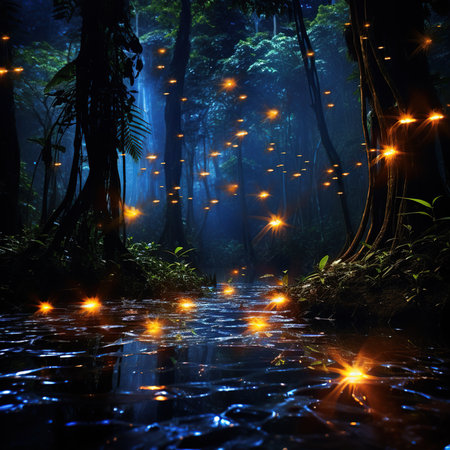 Fantasy forest with light in the night. 3d rendering.の素材