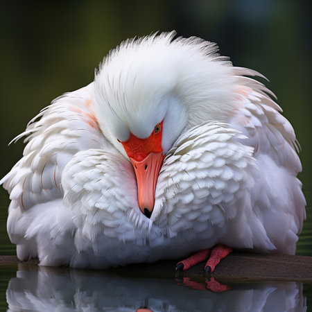 Portrait of a white swan with red beak on the lakeの素材