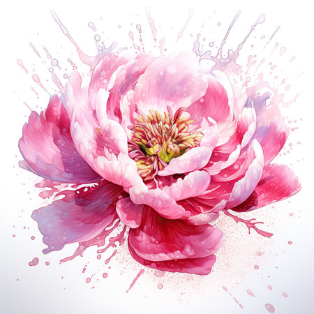 Beautiful pink peony flower with watercolor splashes on white backgroundの素材