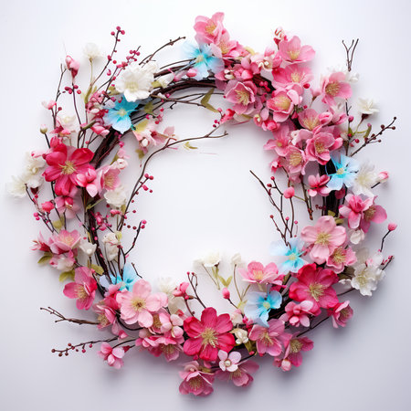 Flower wreath with cherry blossom on a white background.の素材