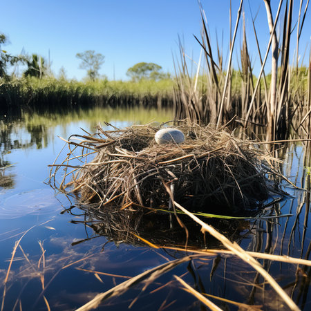 Nest with eggs in the middle of the water in the swampの素材