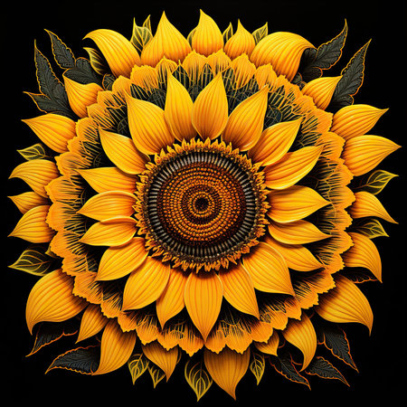 Sunflower on black background. 3d illustration. Computer generated image.の素材