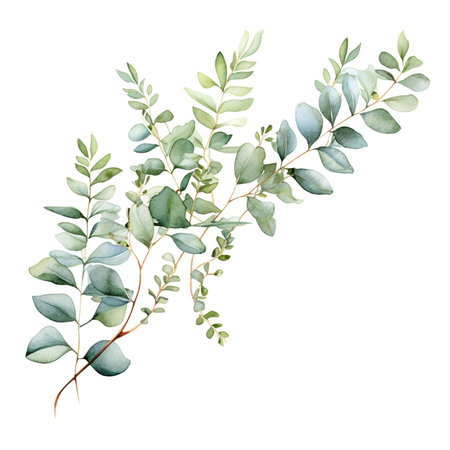 Watercolor green eucalyptus branches. Hand painted illustration isolated on white backgroundの素材