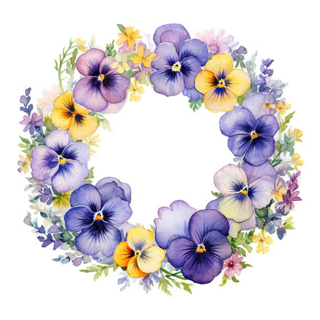 Watercolor floral wreath with pansy flowers, hand painted isolated on white backgroundの素材