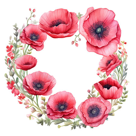 Watercolor floral wreath with red poppies isolated on white backgroundの素材