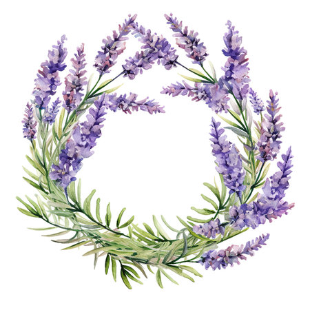 Watercolor lavender wreath. Hand painted illustration on white backgroundの素材