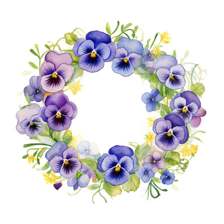 Watercolor floral wreath with pansy flowers isolated on white backgroundの素材