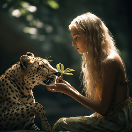 Beautiful young woman playing with a leopard in the forest.の素材
