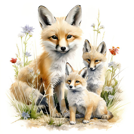 Illustration of fox family in the field with flowers, digital paintingの素材