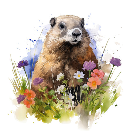 watercolor drawing of a wild marmot on a background of flowersの素材