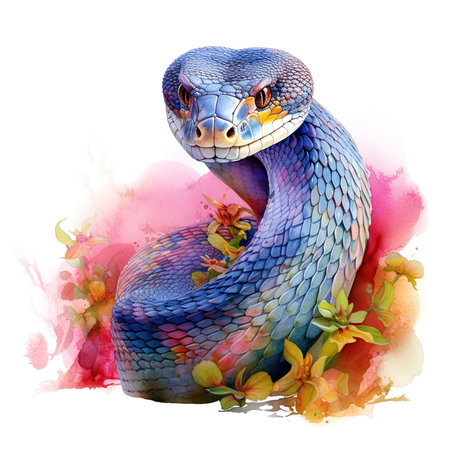 Watercolor portrait of a snake on a watercolor background with flowersの素材