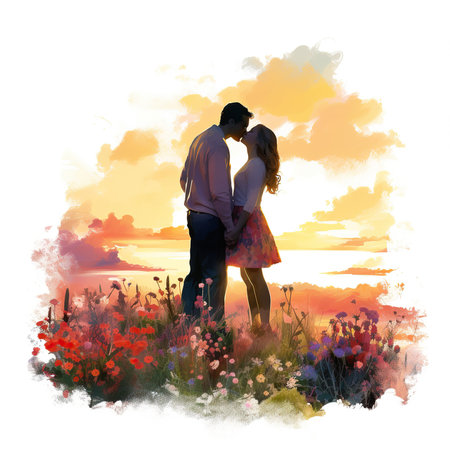 Young couple in love on a meadow at sunset. Digital painting.の素材