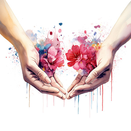 Hands making heart with flowers and watercolor splashes on white backgroundの素材