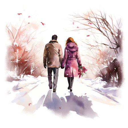 Winter couple walking in the park. Watercolor hand drawn illustration.の素材