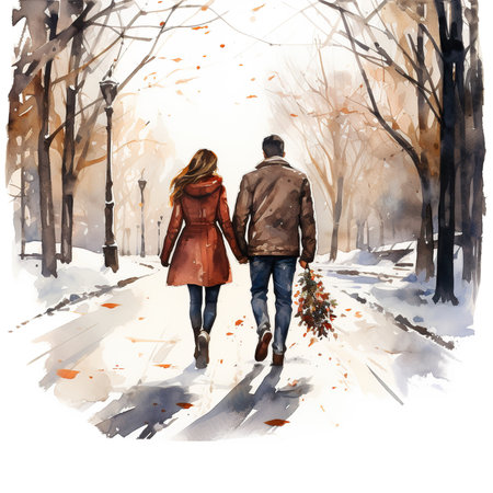 Young couple walking in winter park. Watercolor hand drawn illustration.の素材