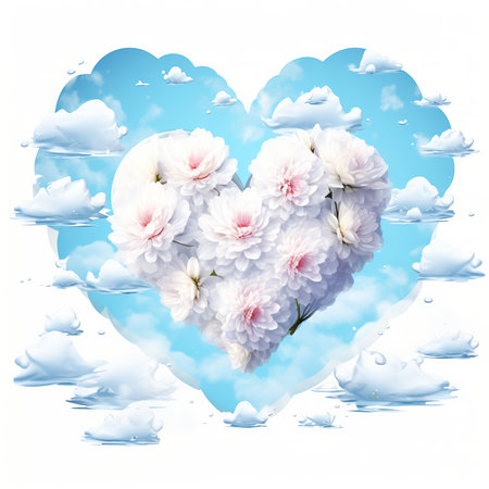 Romantic heart with white flowers on a background of blue sky.の素材