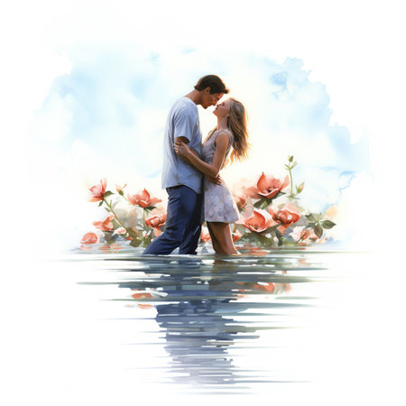 Beautiful young couple in love on the water with a bouquet of flowersの素材