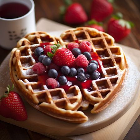 waffles with berries on a wooden background, closeup, verticalの素材