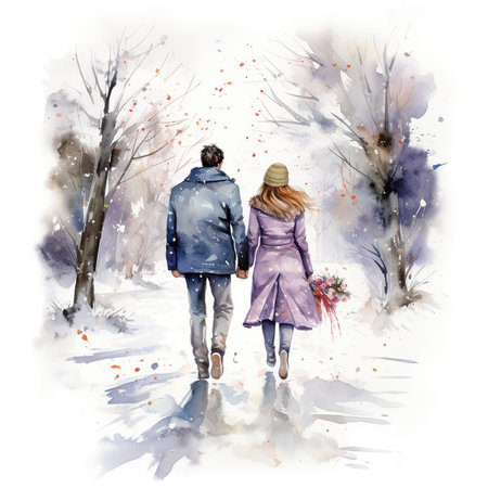 Young couple walking in winter park. Watercolor hand drawn illustration.の素材