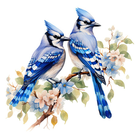 Two blue jay birds on a flowering branch. Watercolor illustrationの素材