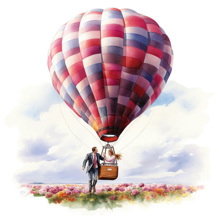 Businessman with suitcase and hot air balloon. Watercolor illustration.の素材