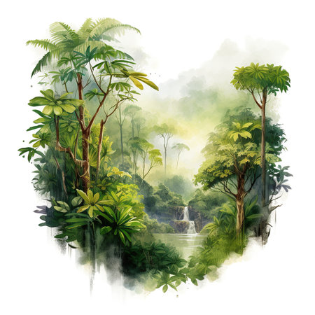 Watercolor tropical forest with waterfall and palm trees. Watercolor illustrationの素材